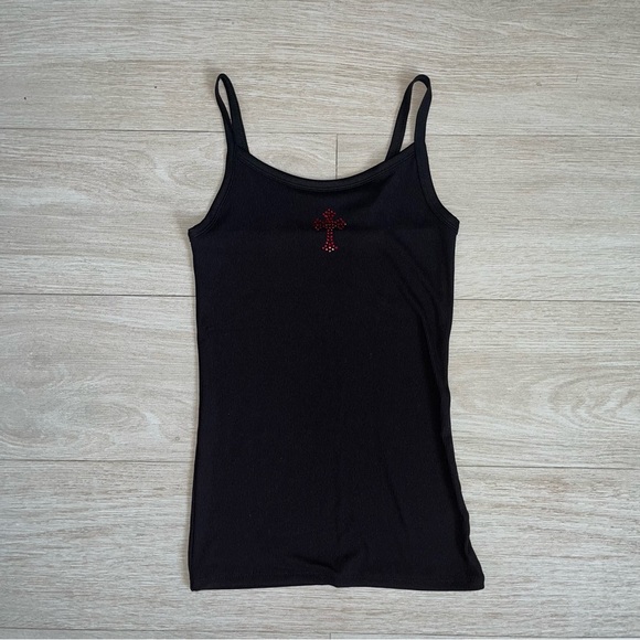 Red rhinestone gothic cross tank top in black. NWOT - Picture 2 of 6